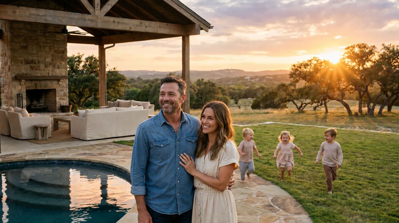 Happy Texas family relaxing by their backyard pool, at ease after protecting their legacy with a Goodcatt and Associates living trust