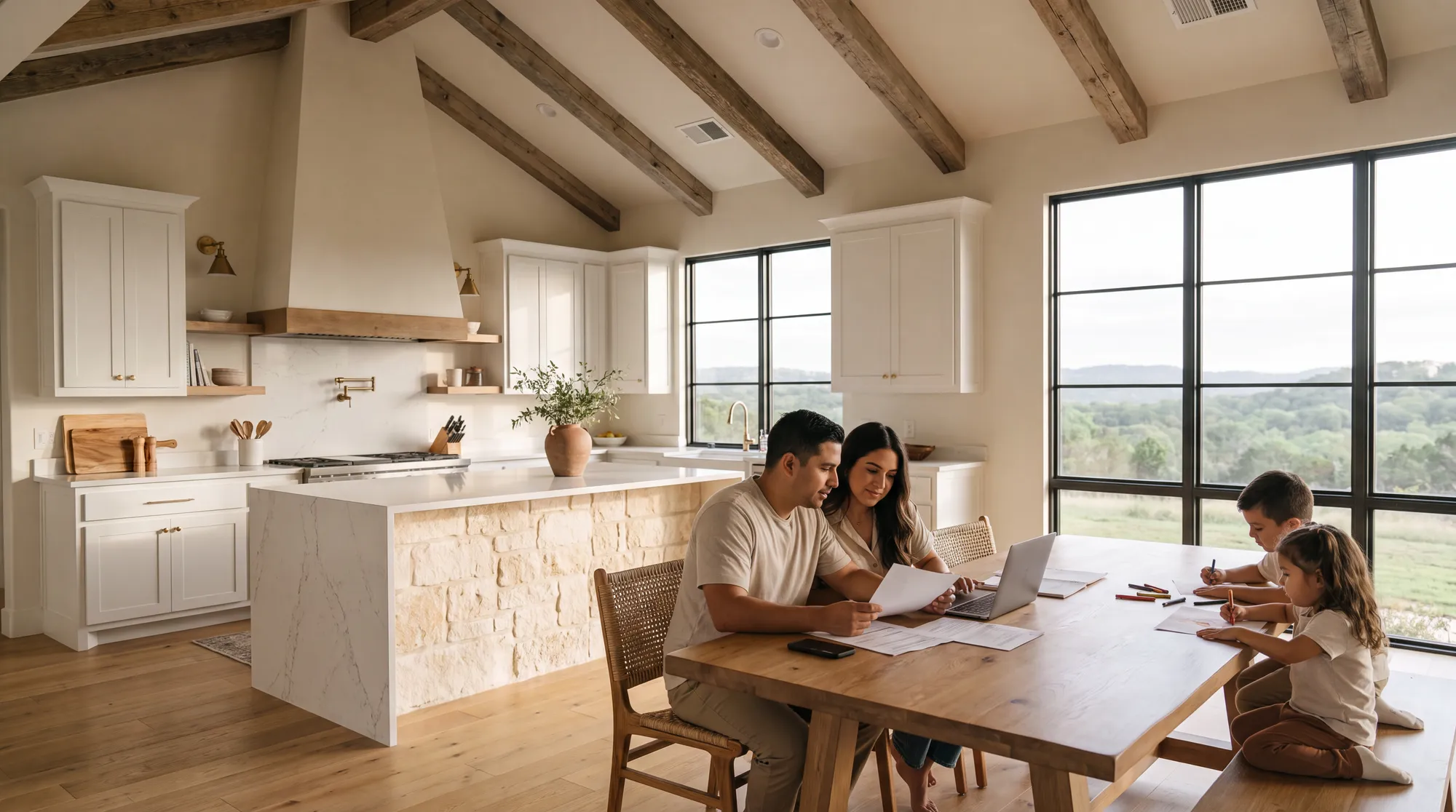 A Texas family reviewing their will and estate planning documents together at the kitchen table in their Hill Country home