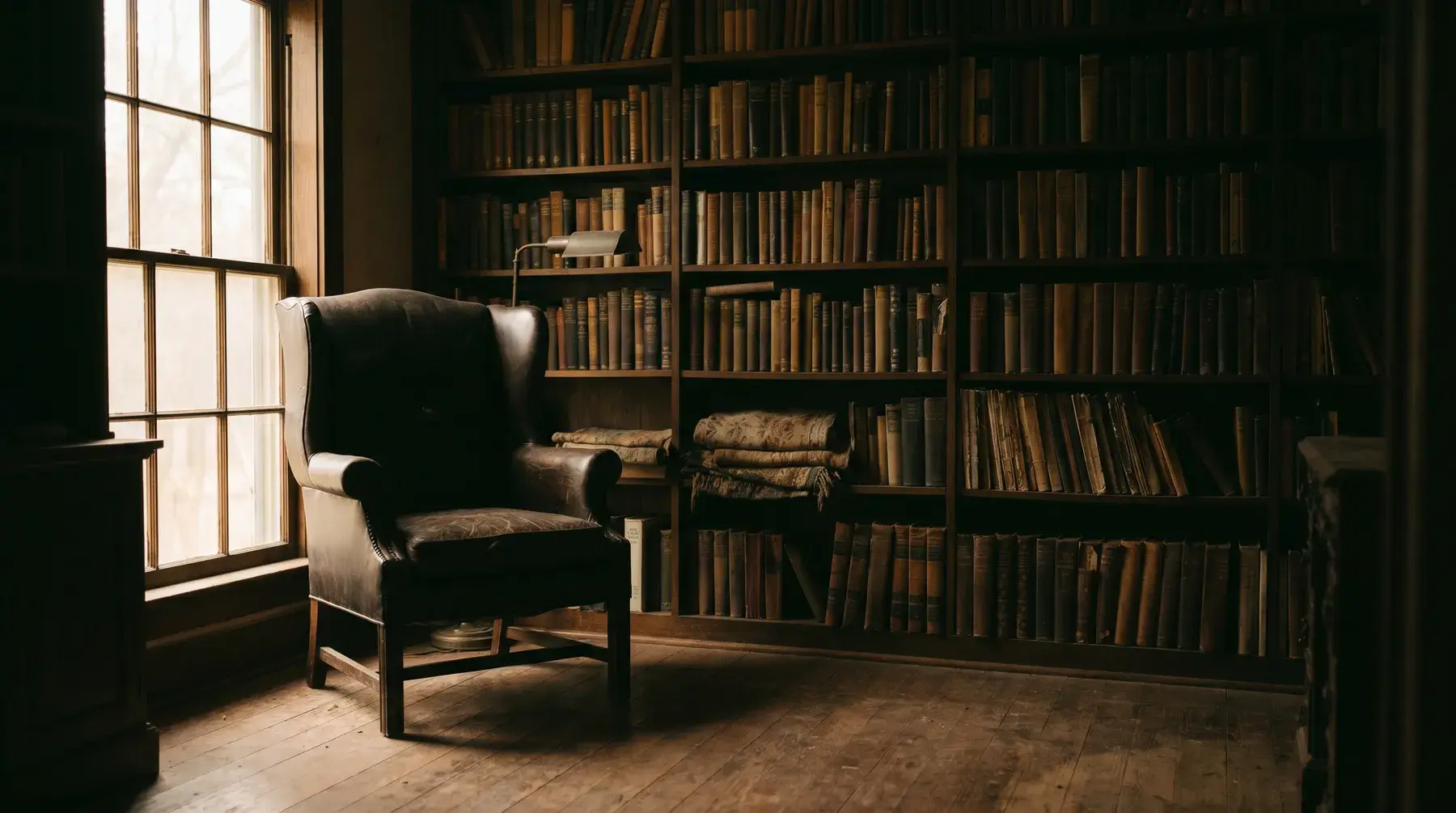 Empty leather chair in a quiet, book-lined study — evoking the loved one whose estate is being settled through Texas probate