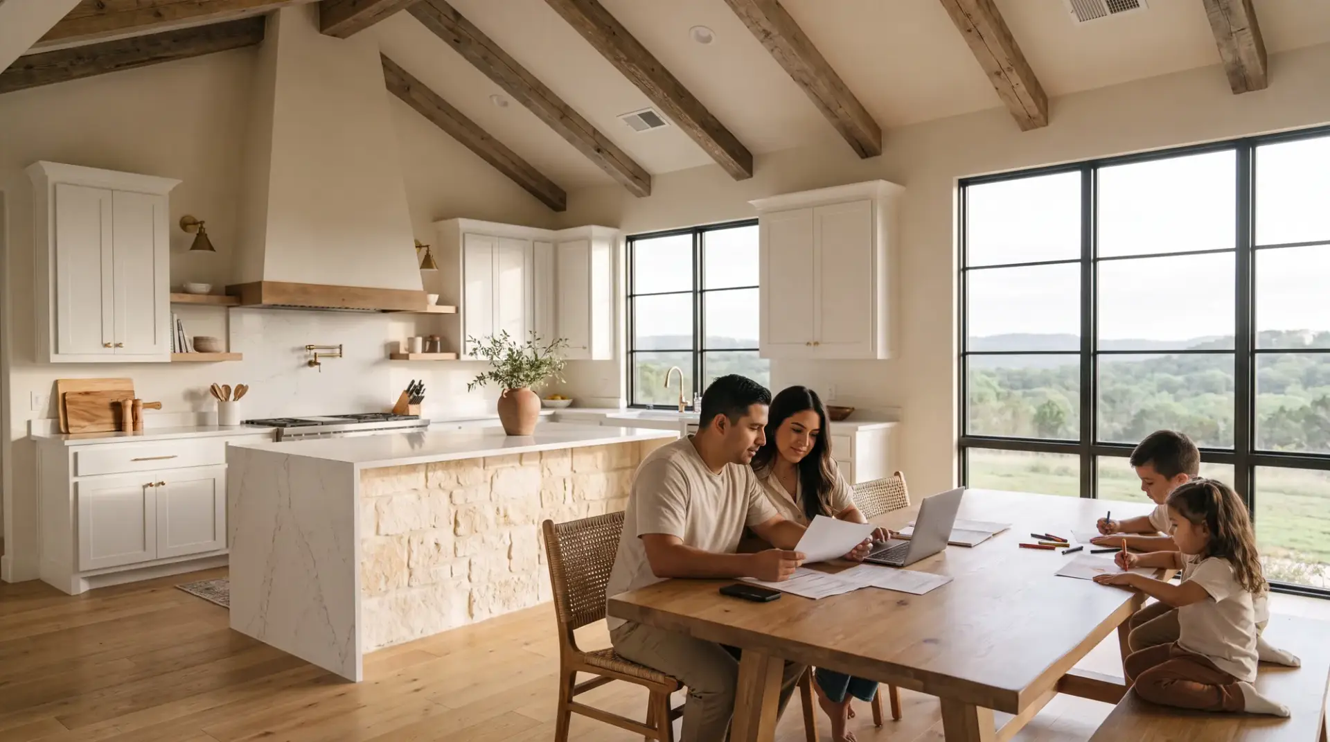 A Texas family reviewing their will and estate planning documents together at the kitchen table in their Hill Country home